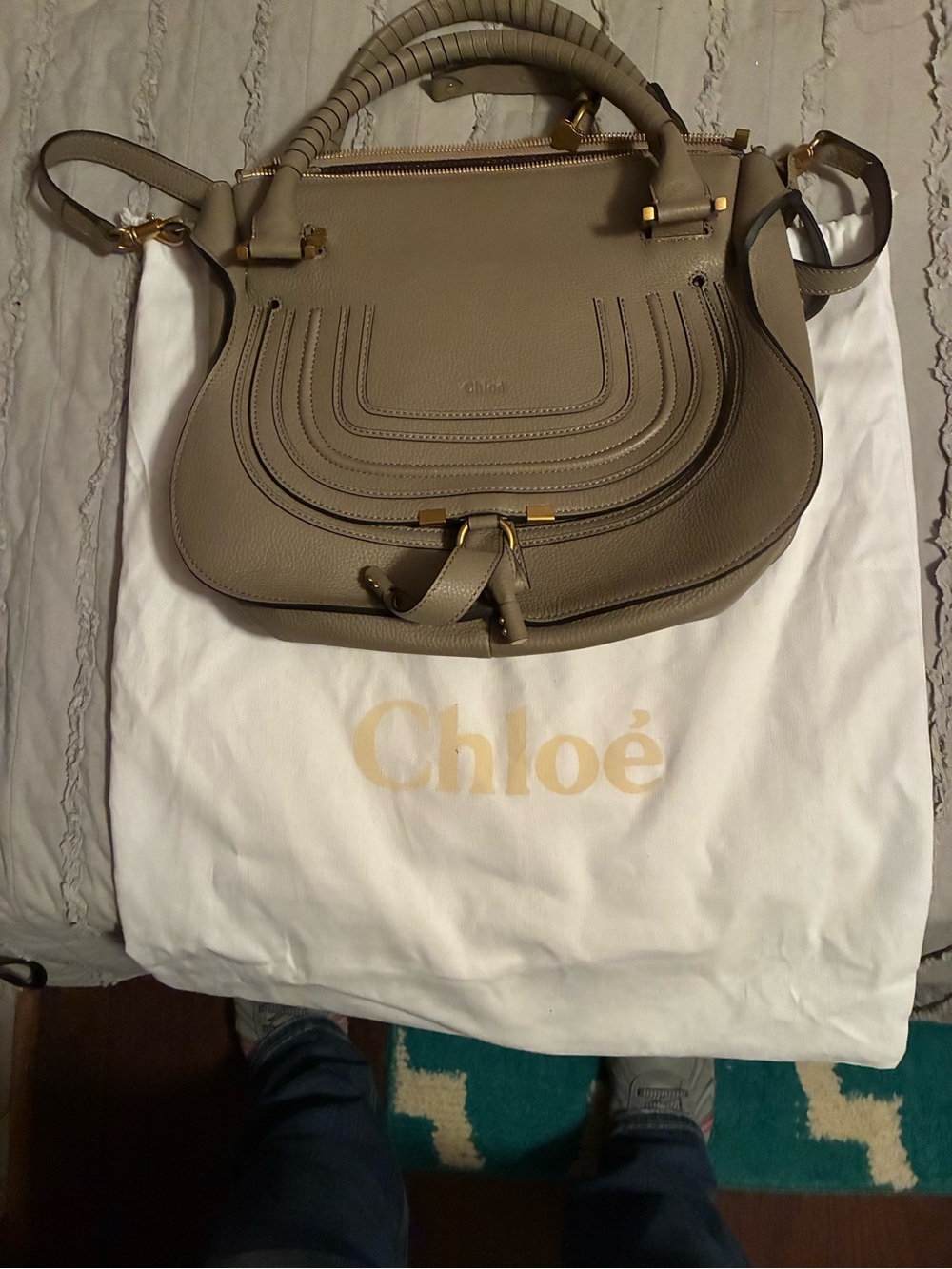 Chloé Olive Taupe Marcie-Style Shoulder Bag with Gold Hardware